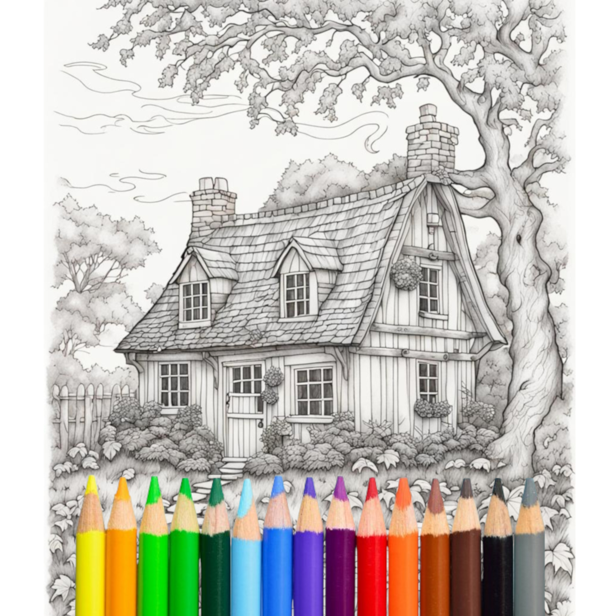 Country Cottages Colouring Book | Printable Adult Coloring Pages | Spring | Summer | Autumn | Fall | Halloween | Winter | Christmas