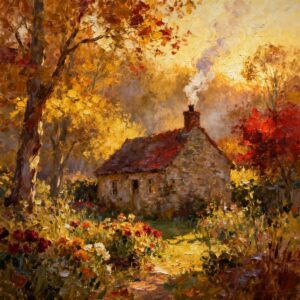 old english stone cottage painting in autumn