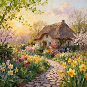 Palette knife oil painting of a thatched cottage garden in springtime