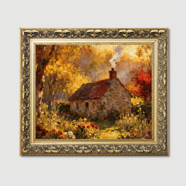 old stone cottage garden painting in autumn