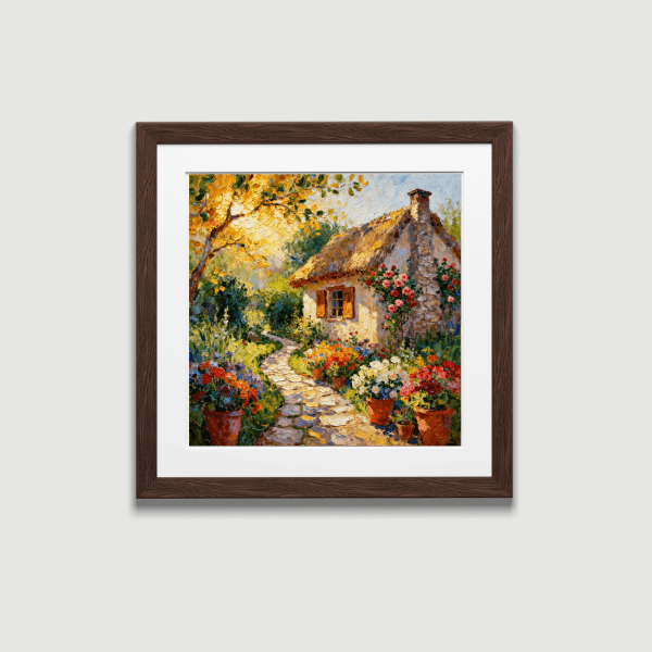 english cottage garden oil painting in square wooden frame