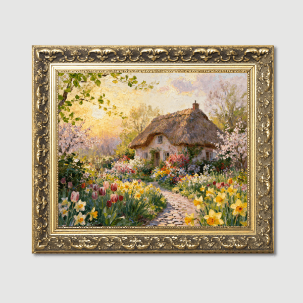 springtime cottage garden oil painting in gold frame