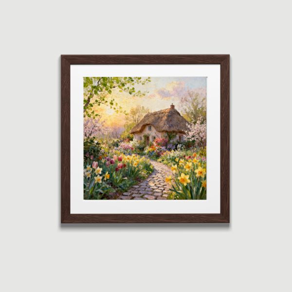 Spring cottage painting in square wooden frame