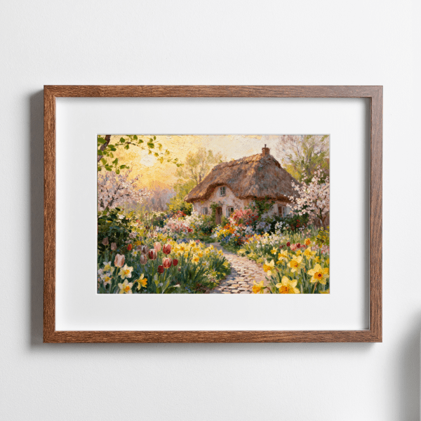 cottage garden in spring in rectangle wooden frame