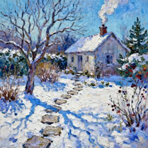 cottage garden in winter oil painting