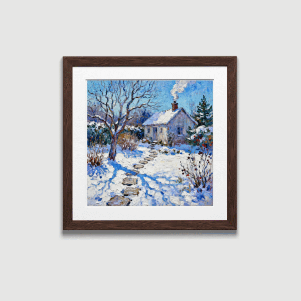 winter cottage garden oil painting in square wooden frame