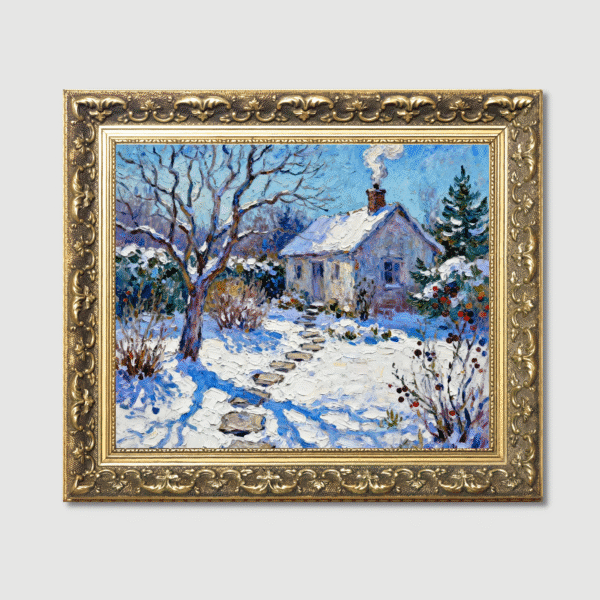 winter cottage garden oil painting in gold ornate frame