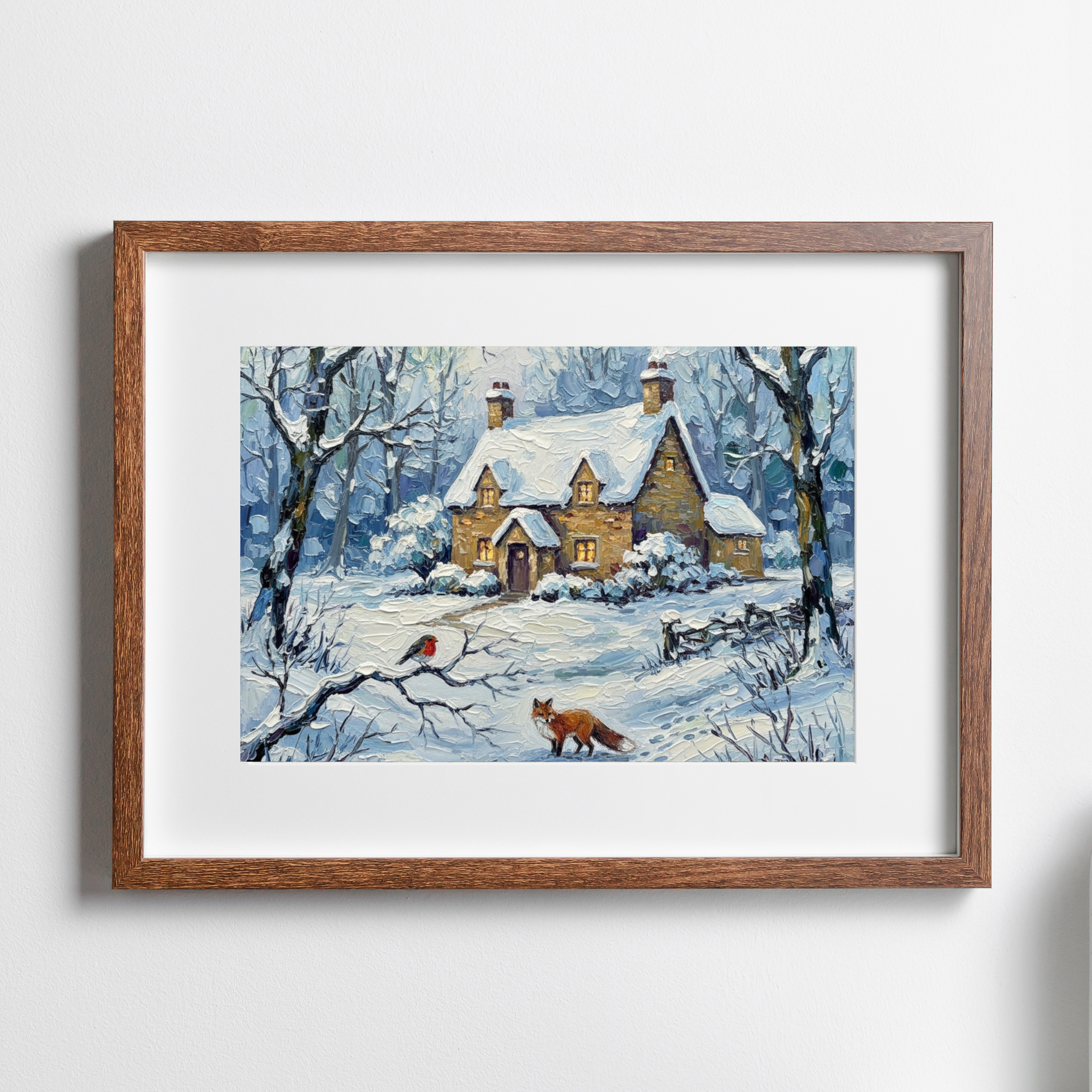 Fox Robin Cottage oil impasto painting in wooden rectangle frame