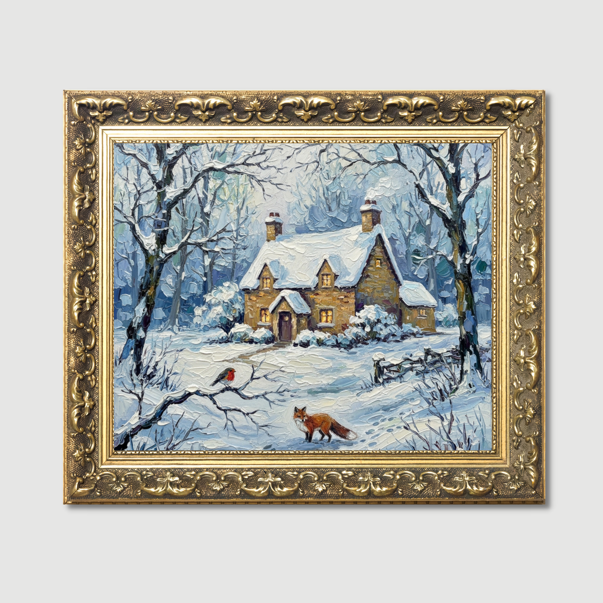 Fox Robin Cottage oil impasto painting in old gold frame