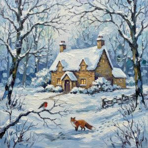 oil impasto painting of a fox and robin in a winter cotswold cottage garden
