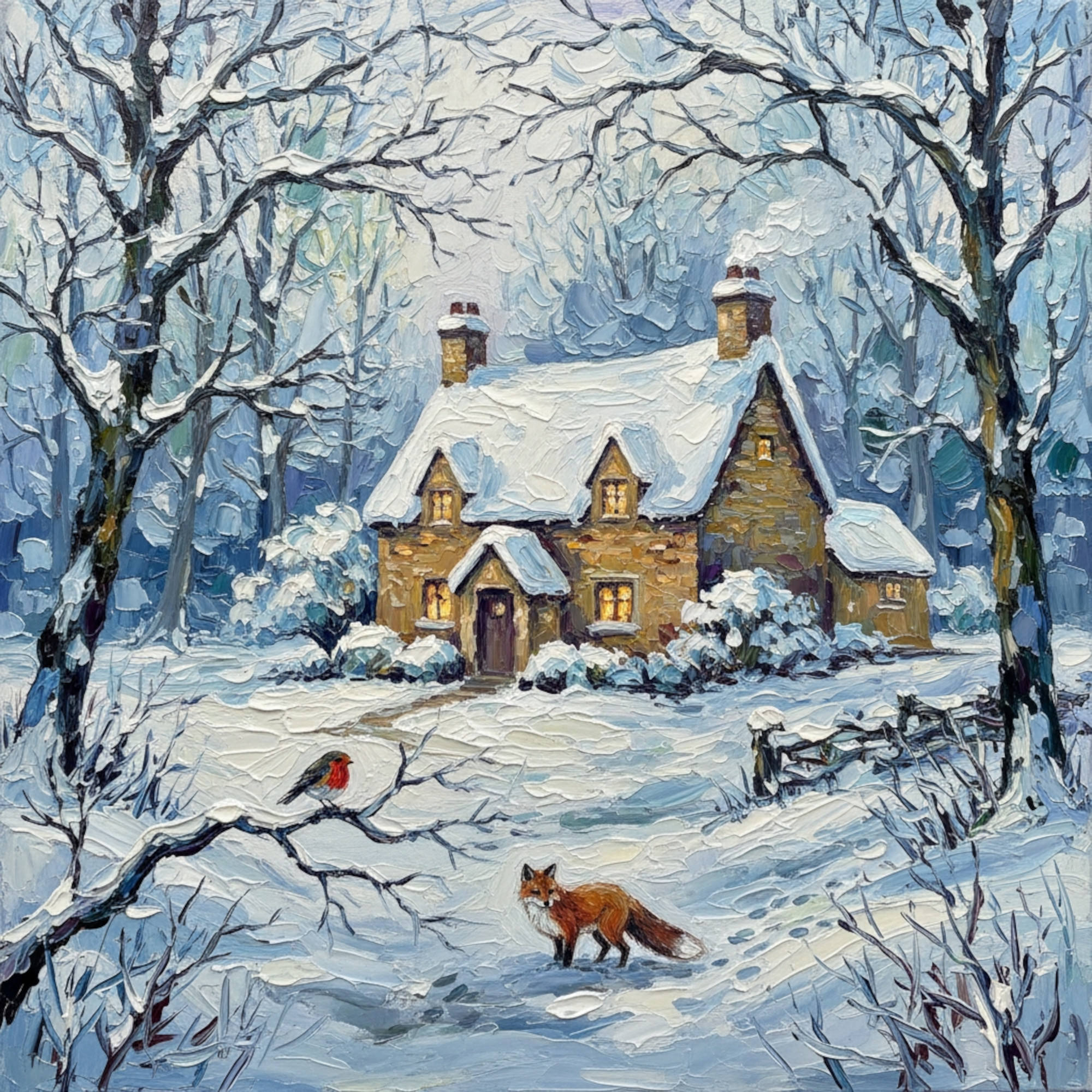 oil impasto painting of a fox and robin in a winter cotswold cottage garden